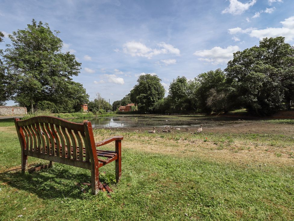 A bench overlooking a pond with geese at 3 Rectory Row 