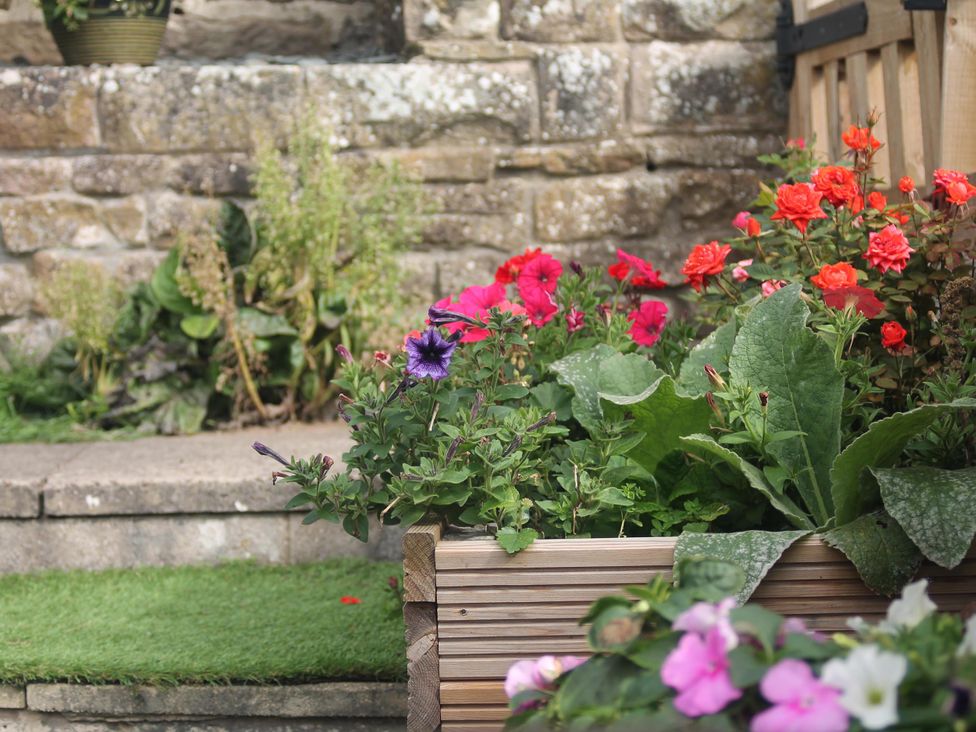 A garden with flowers in a wooden planter at Nature’s Retreat in Holloway