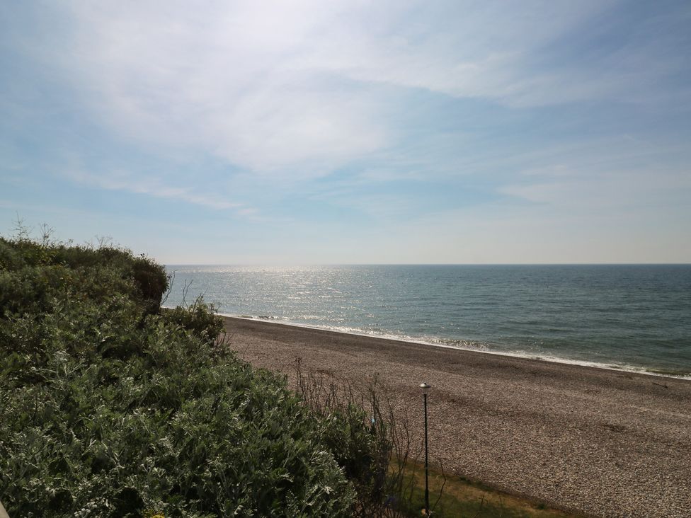 A view of the sea and beach with pebbles and plants at The Cottage in Budleigh Salterton