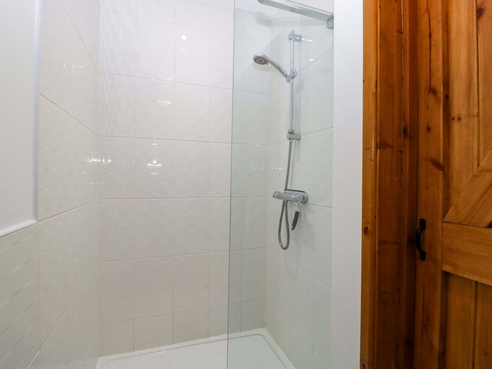 A bathroom with a shower and wooden door at Castle Rag in Lydney
