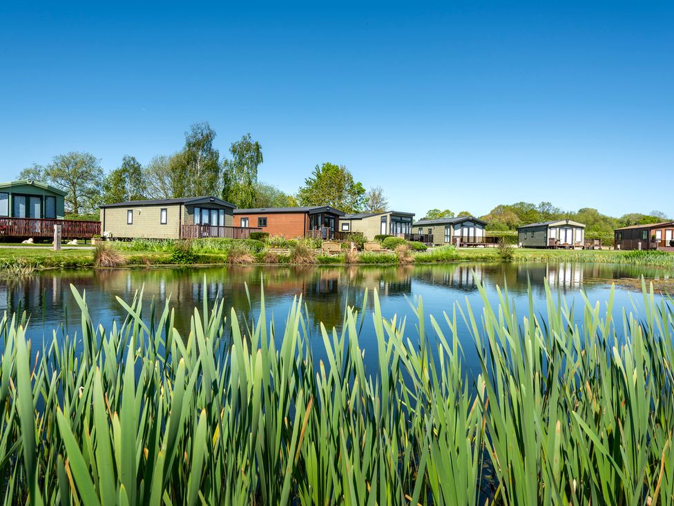 Cabins by a pond with grass and trees at Tulip in Eardisland