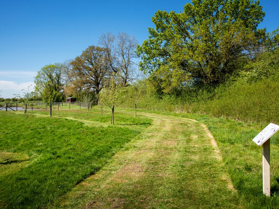 A garden path with trees and a sign at Tulip in Eardisland