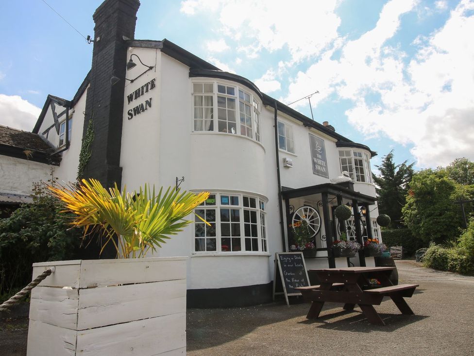 A pub exterior with a plant and table at The White Swan in Eardisland