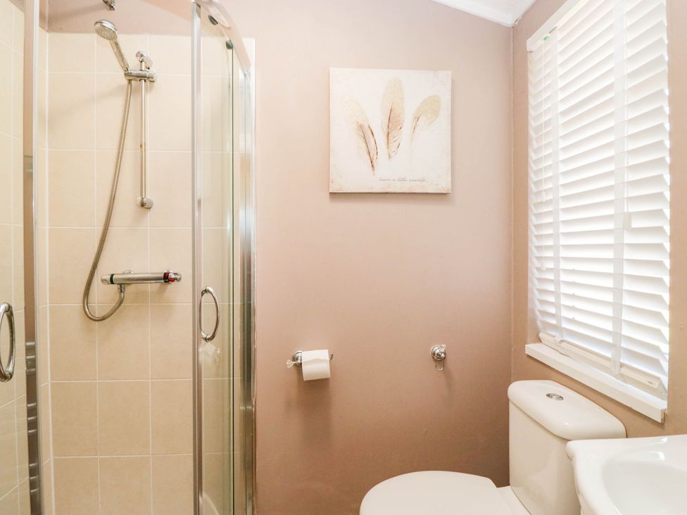 A bathroom with a shower, toilet, and wall art at South lakeland Lodge. No. 46 Gressingham near Carnforth