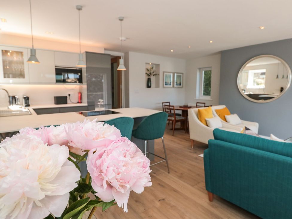 An open plan living area with kitchen and dining furniture at Galvayne in Dartmouth