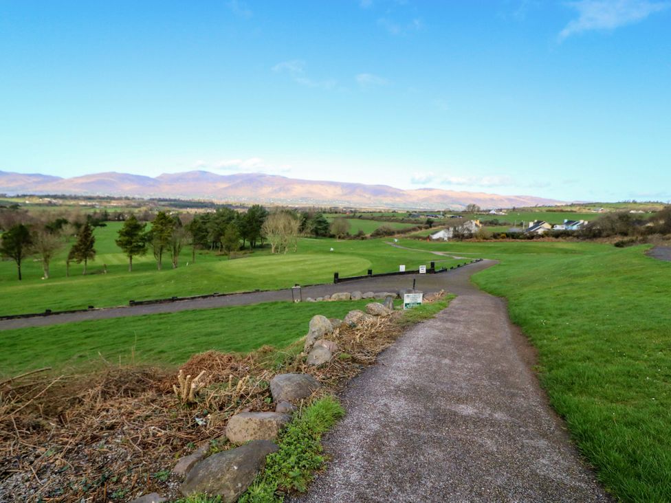 A path with grass and trees leading to mountains at Thadg and Hannah’s in Miltown
