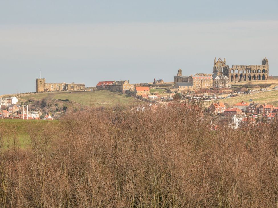 A view of a castle and ruins over houses on a hill at Cha Cha's Cottage in Whitby