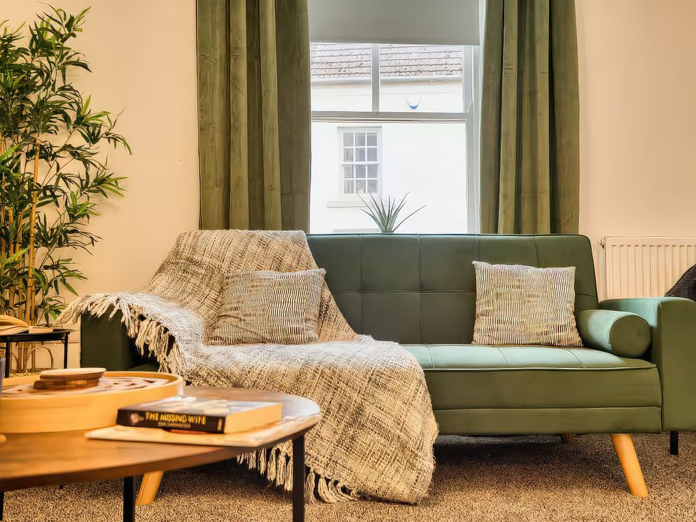 A living room with a sofa, cushions, and a plant at 20 Bridge Street in Morpeth