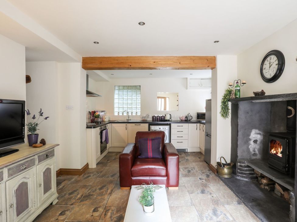 A kitchen with a sofa and television at Llys Elen in Caernarfon