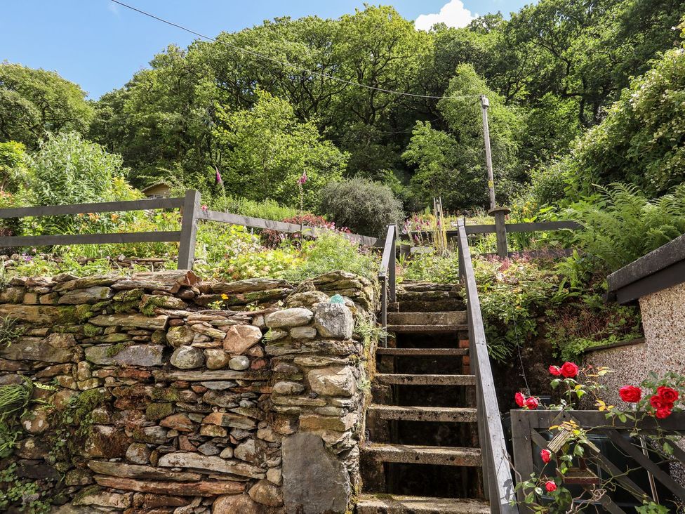 A garden with stairs and flowers at Llys Elen in Caernarfon