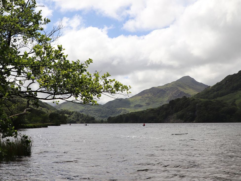 A view of a lake with mountains and trees in the background at Llys Elen Caernarfon