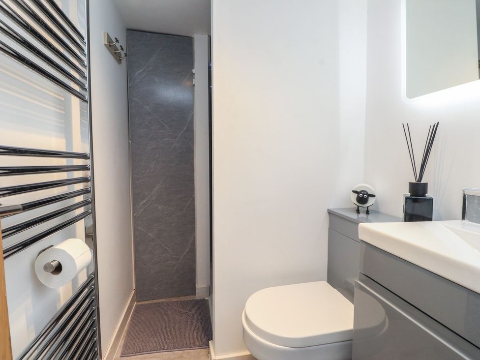 A bathroom with a toilet, sink, and shower at Caban Tan Y Dderwen in Chwilog