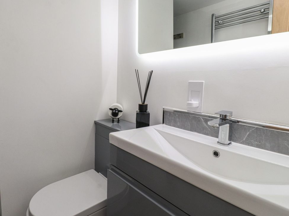 A bathroom with a sink and toilet at Caban Tan Y Dderwen in Chwilog
