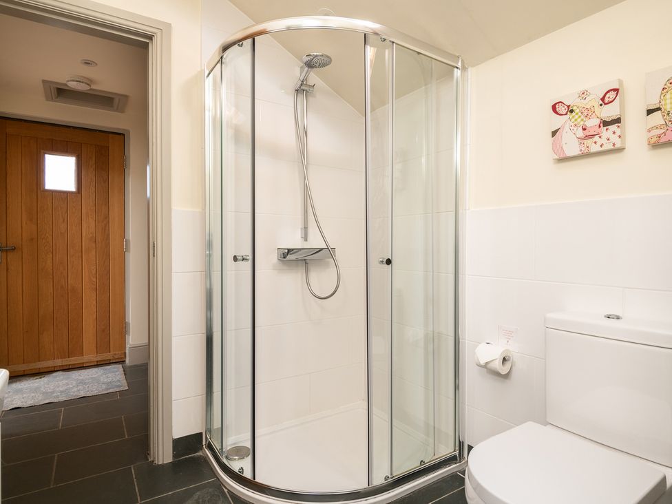A bathroom with a shower and toilet at Ghillies Cottage Llandrillo