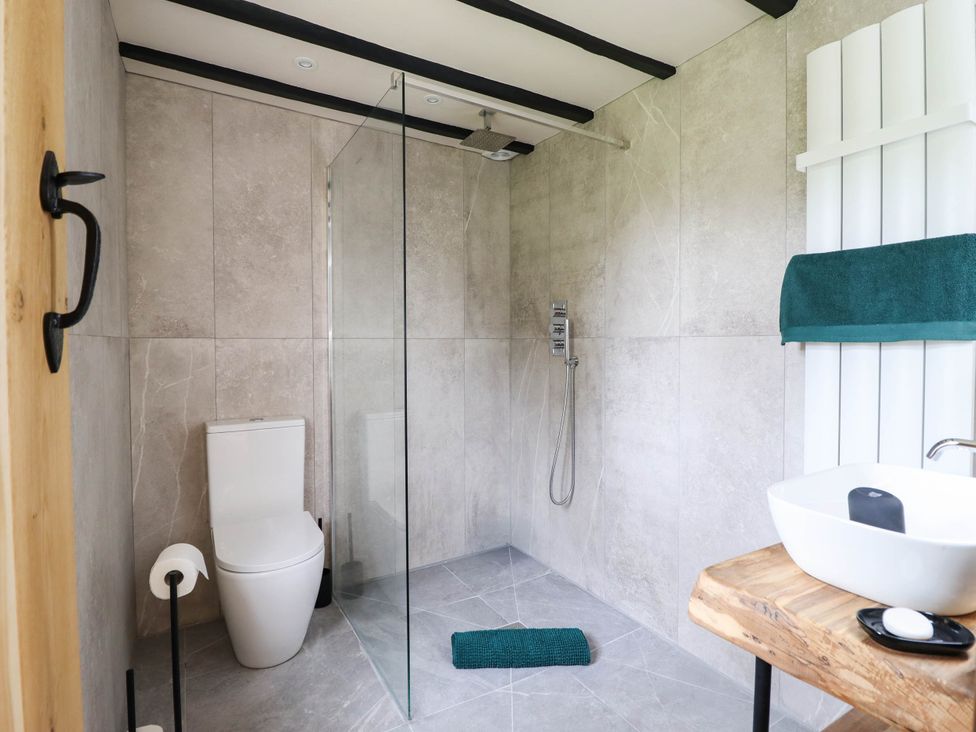 A bathroom with a shower and sink at Bridge Farm Pontyblew near Chirk