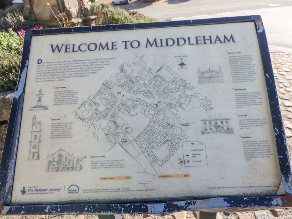 A map and information sign about Middleham at In & Out Cottage Leyburn