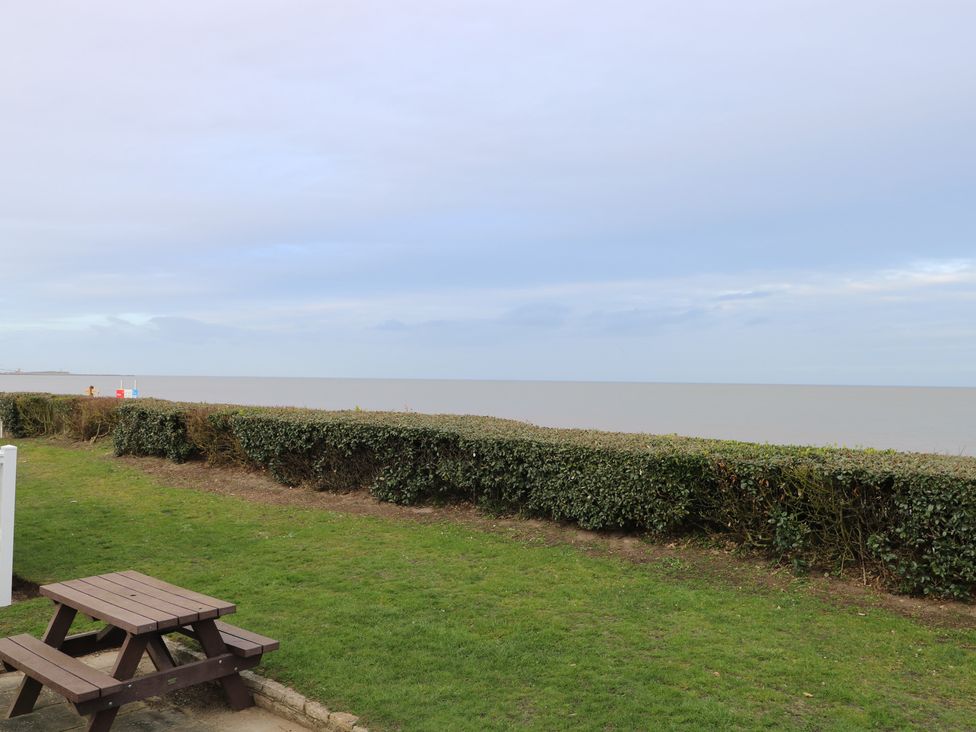 A view of the sea and horizon with bushes and a bench at Caravan in Great Yarmouth