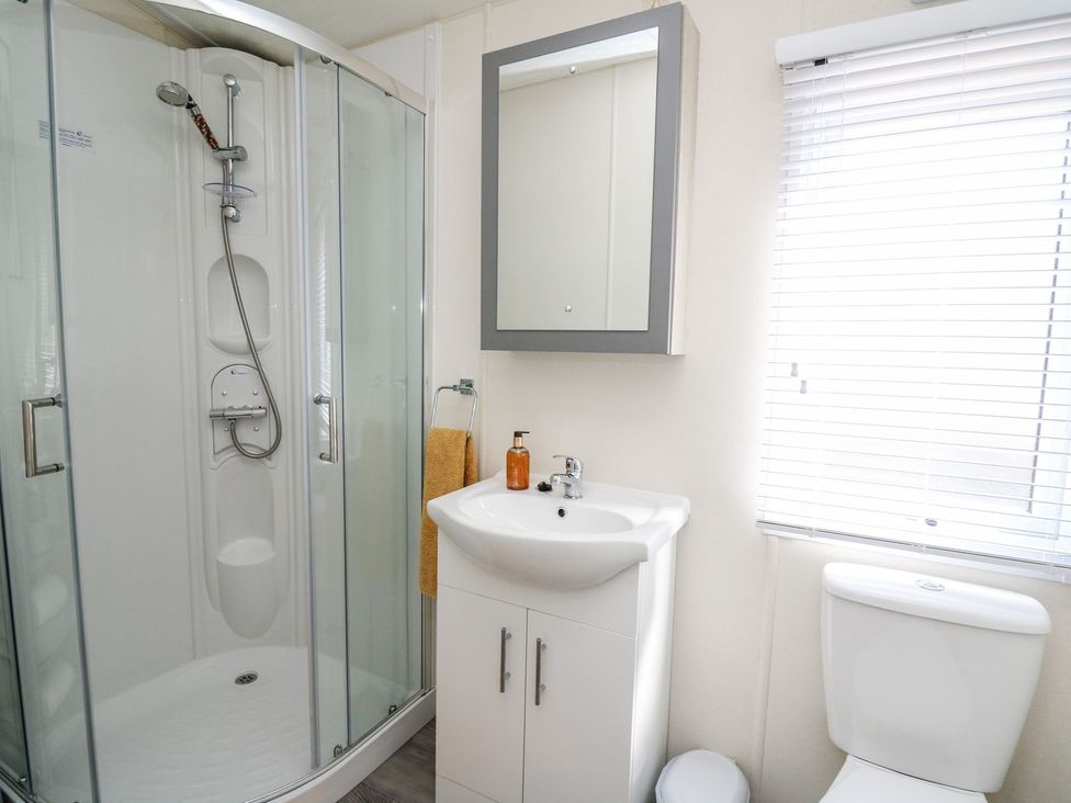 A bathroom with a shower and sink at 33 Woodpecker Lodge in Llanarth