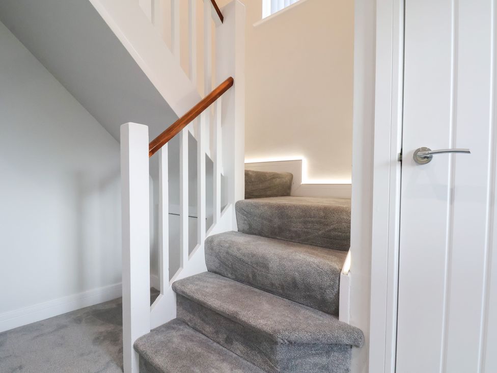 A staircase with carpet and a door at Sea View House in Marske-By-The-Sea