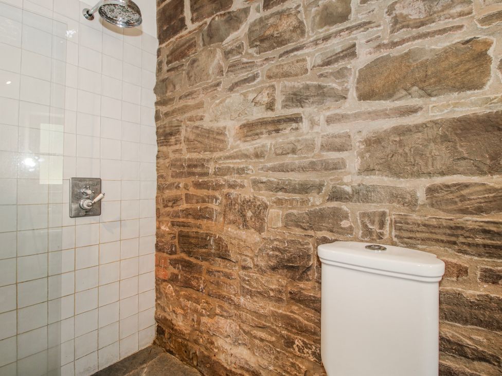 A bathroom featuring a shower and toilet at Bell House Cottage in Wistanstow near Craven Arms