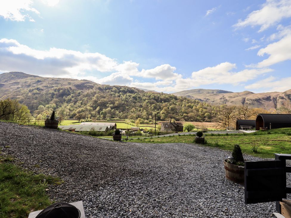 A view of mountains and fields at Bluebelle - Crossgate Luxury Glamping Hartsop