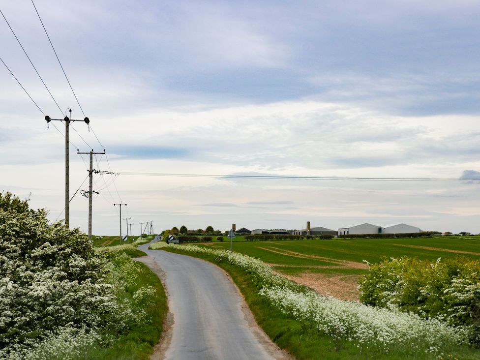 A road with electric poles and fields at Mulberry Manor in Hull