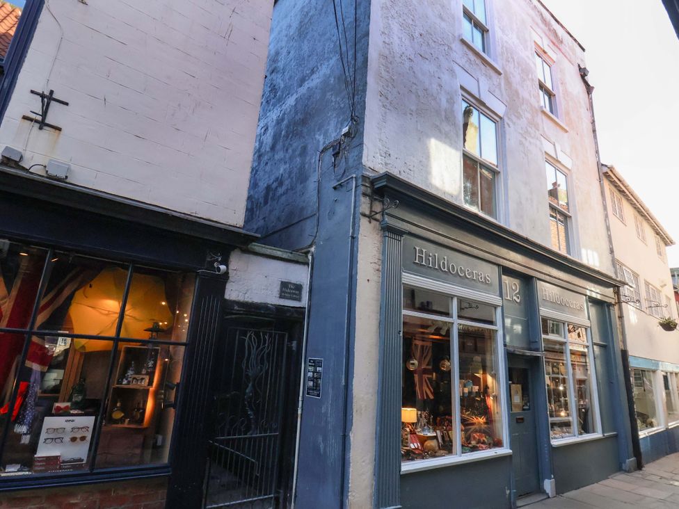 A storefront of Hildoceras at 12 with a window display at The Four Views in Whitby