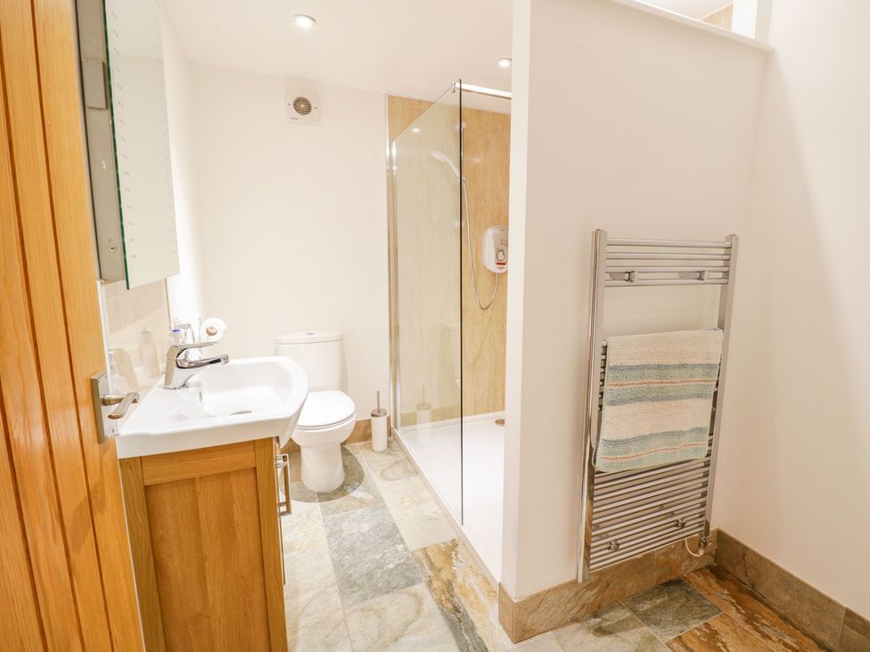 A bathroom with a shower, toilet, and sink at Plas Tirion Cottage in Holywell