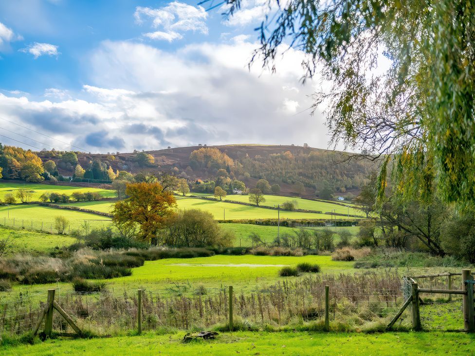 A landscape with fields, trees, and hills at Flyfishers Cottage in Llandrillo