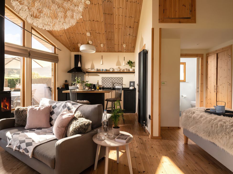 A living room with a sofa and kitchen area at Lagom Log Cabin Llandrillo