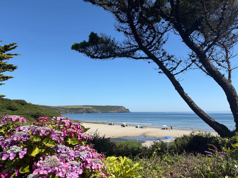 A beach scene with trees and flowers at The Cowshed in Portscatho