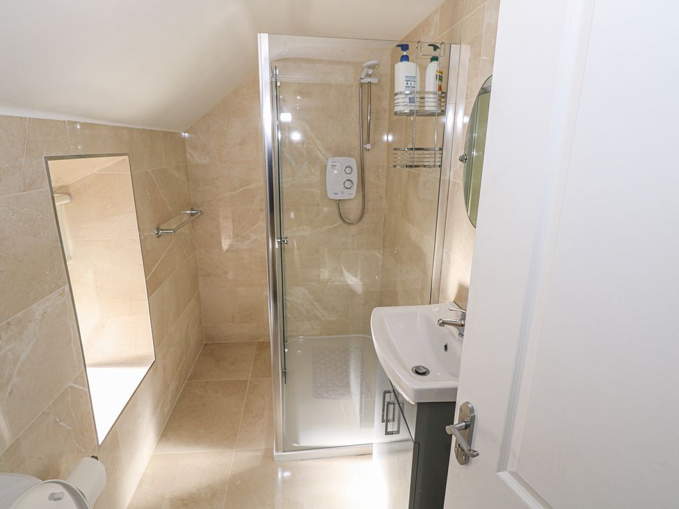 A bathroom with a shower, sink, and towel rail at Greenfield House in Aughavas