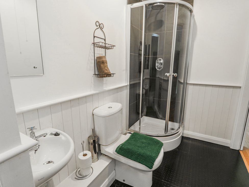 A bathroom with a sink, toilet and shower at Too Hoots in Lligwy