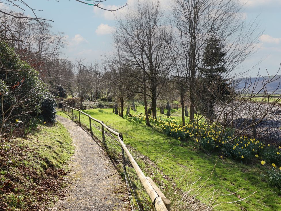 A pathway alongside a fence and trees in a garden at Plas Dolguog in Machynlleth