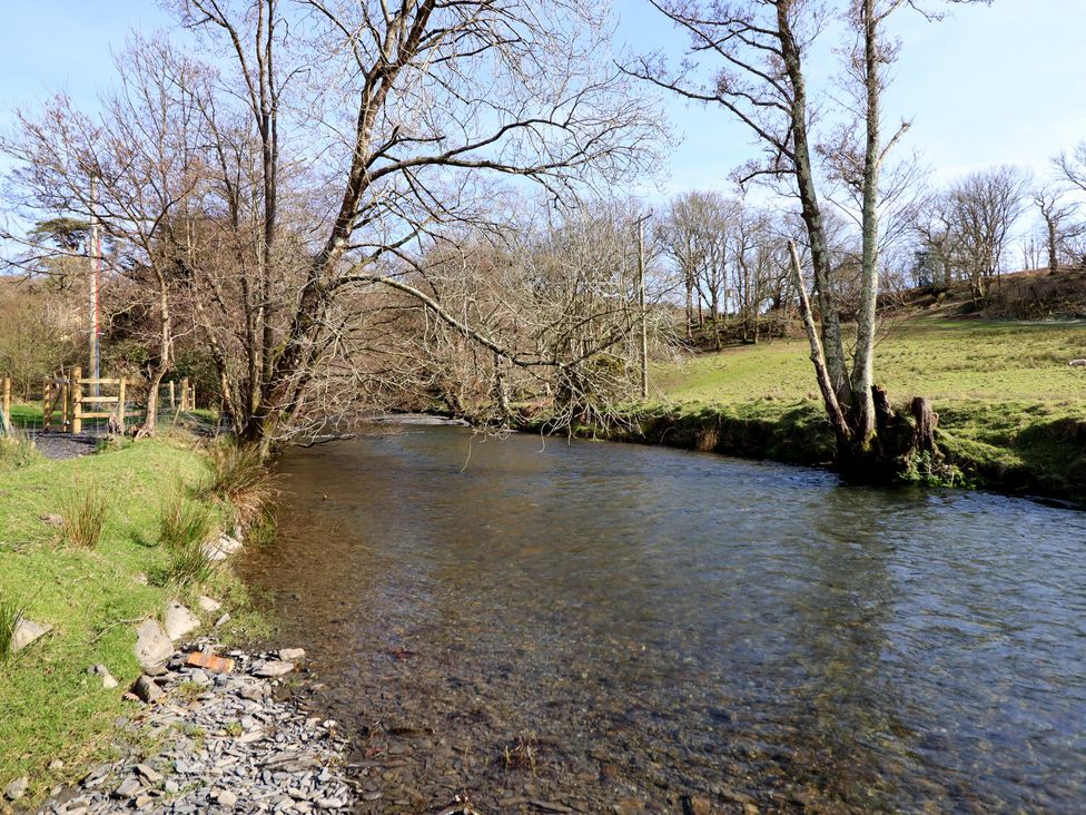 A river with trees and grass along the bank at Plas Dolguog in Machynlleth