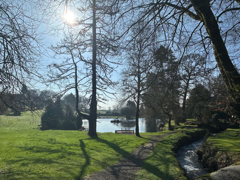 A park with trees, a pond, and a pathway at Lakeview Villa near Liskeard