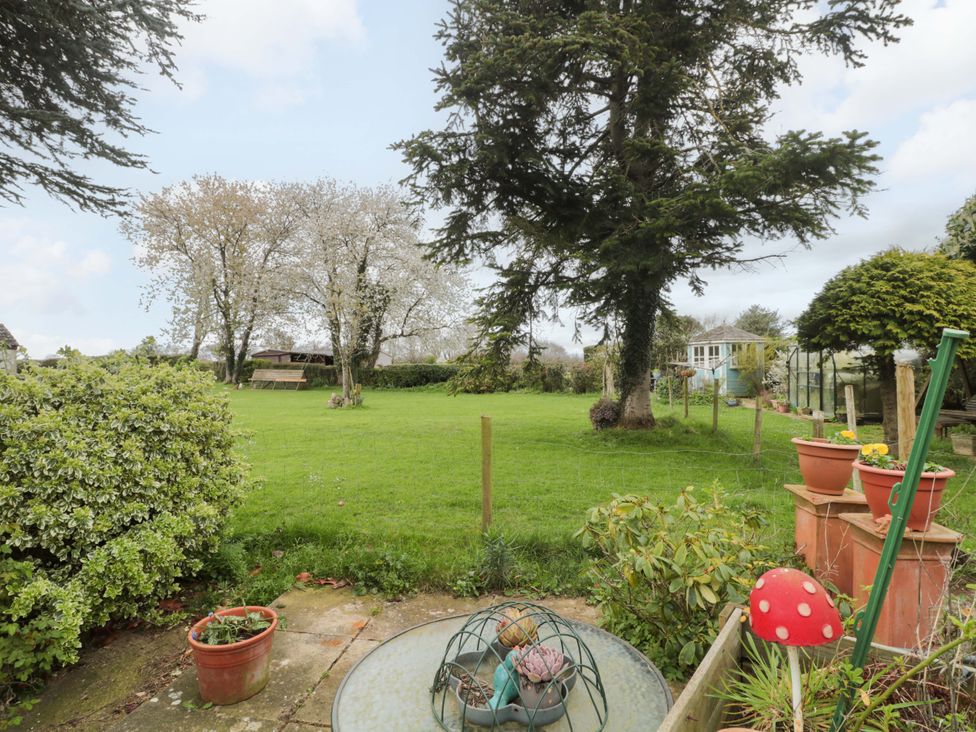 A garden with trees and a bench at The Annexe at Cherry Cottage Upton St Leonards