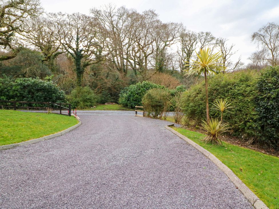 An outdoor area with a gravel driveway and trees at Lugdine Lodge in Glengarriff