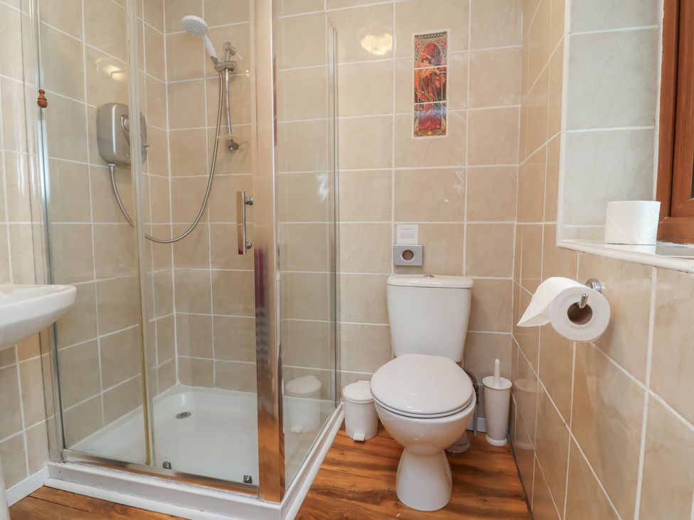 A bathroom with a shower, toilet, and sink at West Down Country House in South Molton