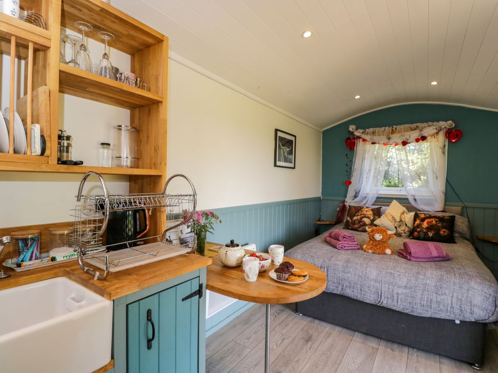 A living room with a bed and kitchen area at Daisy Shepherd's Hut in South Molton