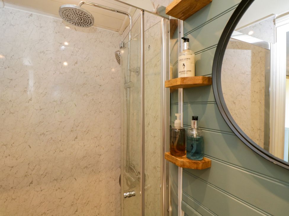 A bathroom with a shower and soap dispensers at Daisy Shepherd's Hut South Molton