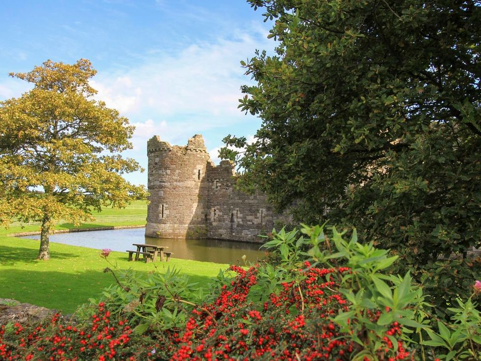 A castle near a pond with trees and a table at Eryri View Retreat 