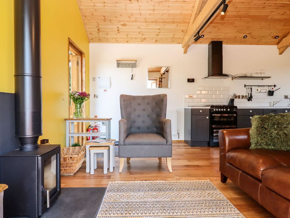 A living room with a stove, armchair, and kitchen elements at Nelli Lodge at Mile End, Crediton