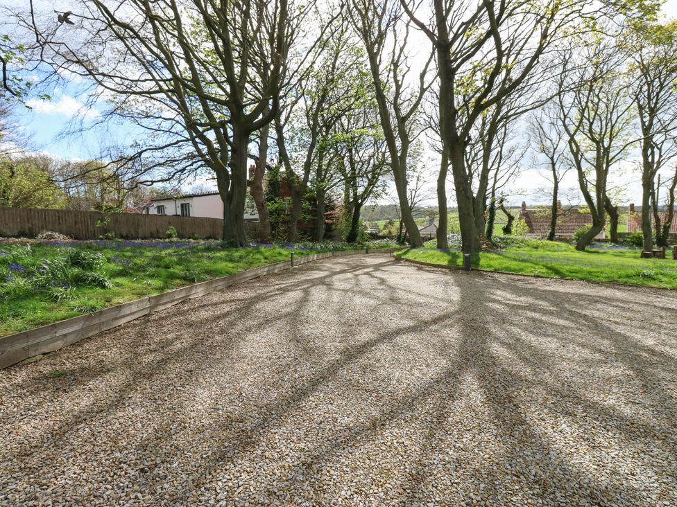 A garden with gravel, trees, and grass at Flaxstead Grange in Newbottle