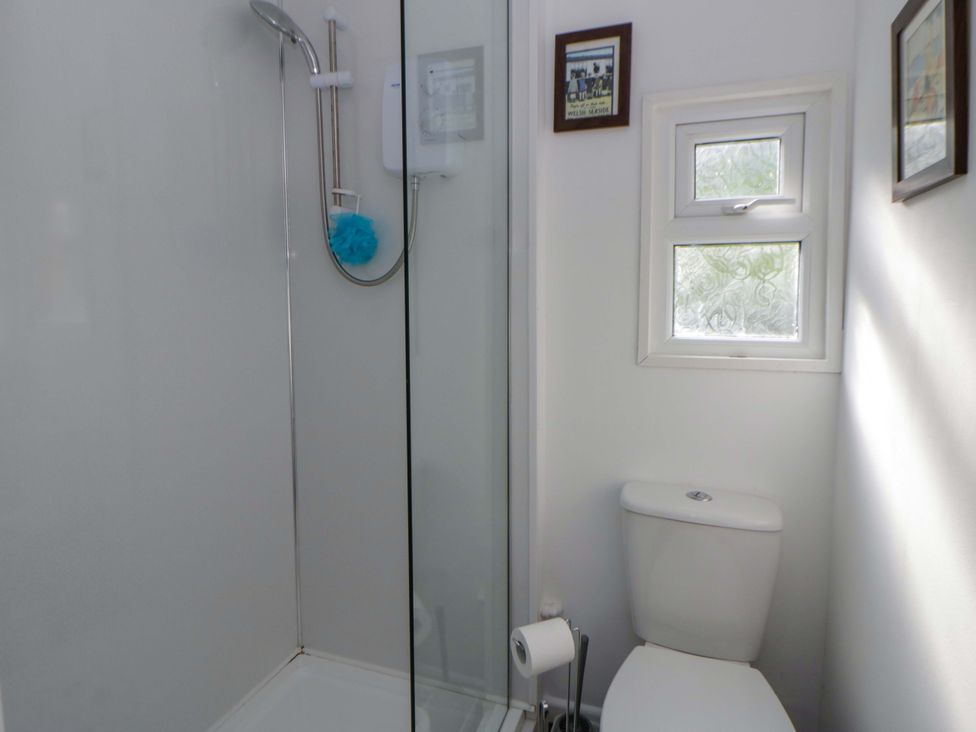 A bathroom with a shower and toilet at The Cosy Den in Clarach near Aberystwyth