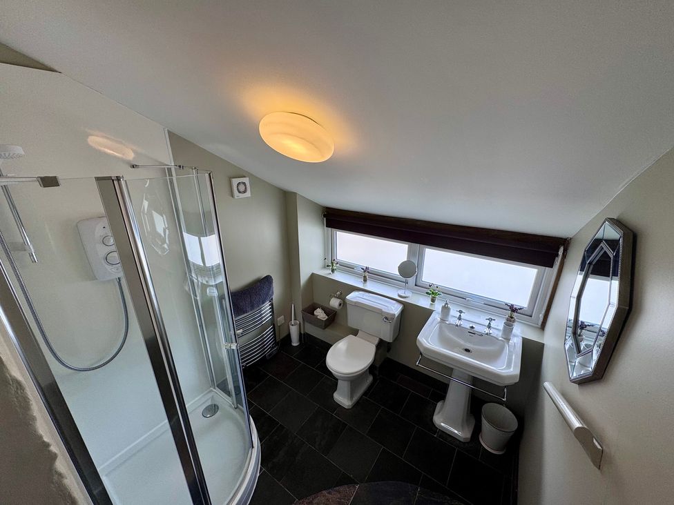 A bathroom with a shower, toilet, and sink at Millies Place in Coombe near Grampound