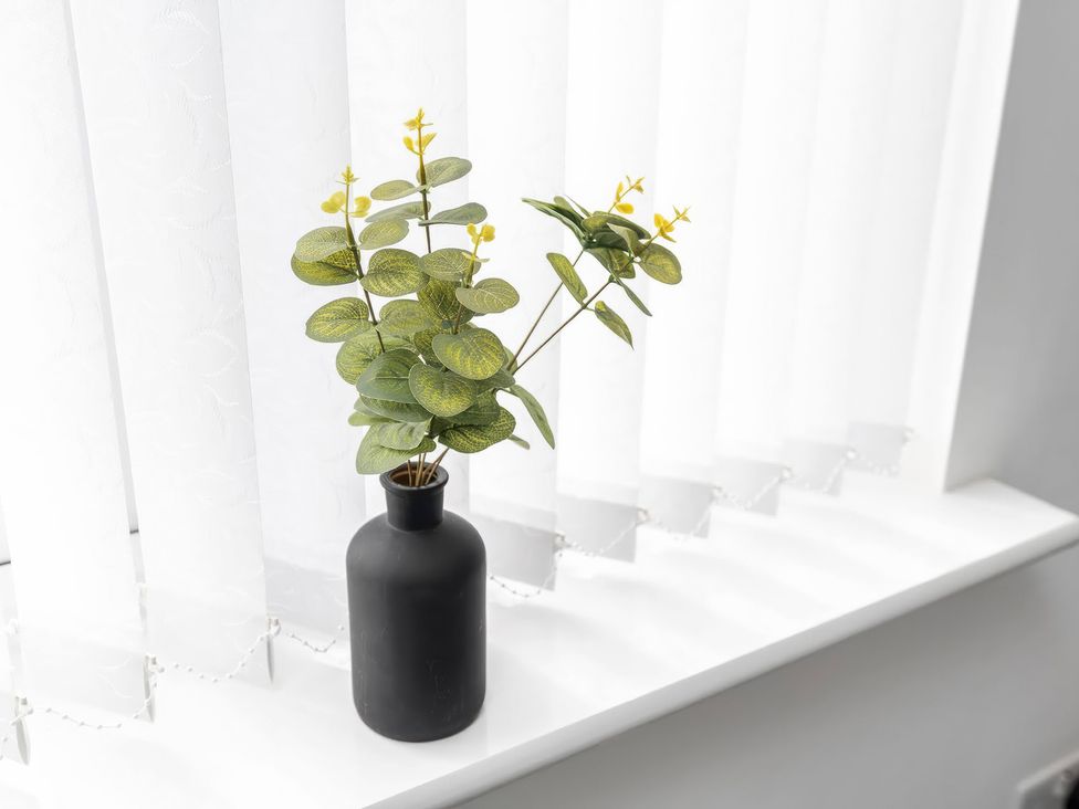 A plant in a black vase on a windowsill with white curtains at 59 Eagle Drive in Grimsby