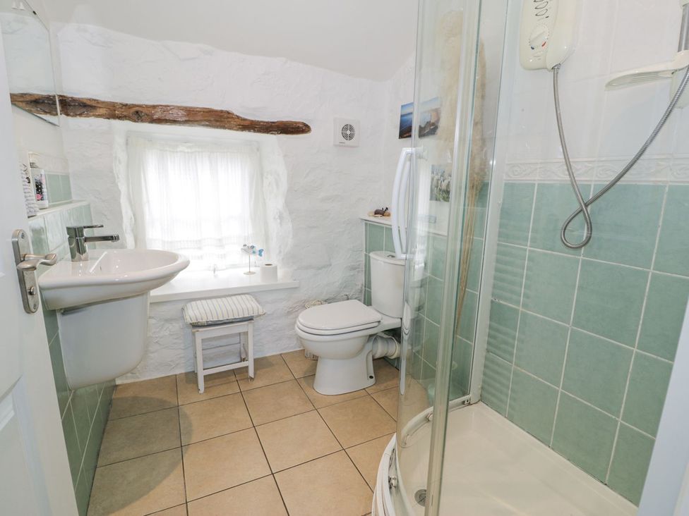 A bathroom with a sink, toilet, and shower at Happy Landing in Harlech