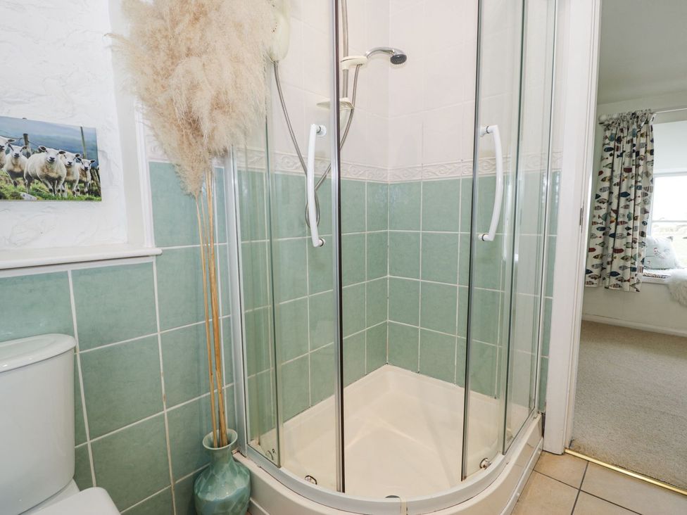 A bathroom with a shower and toilet at Happy Landing in Harlech