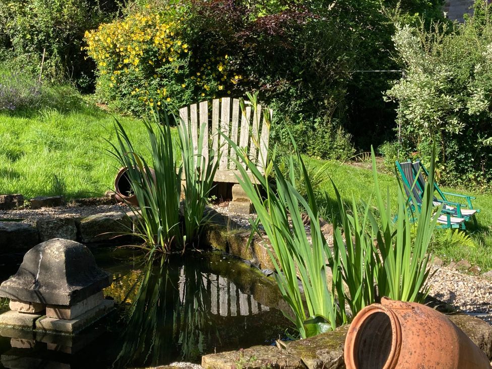 A garden scene with a pond, plants, and a wooden chair at Groves Hall Garden Apartment Whitby